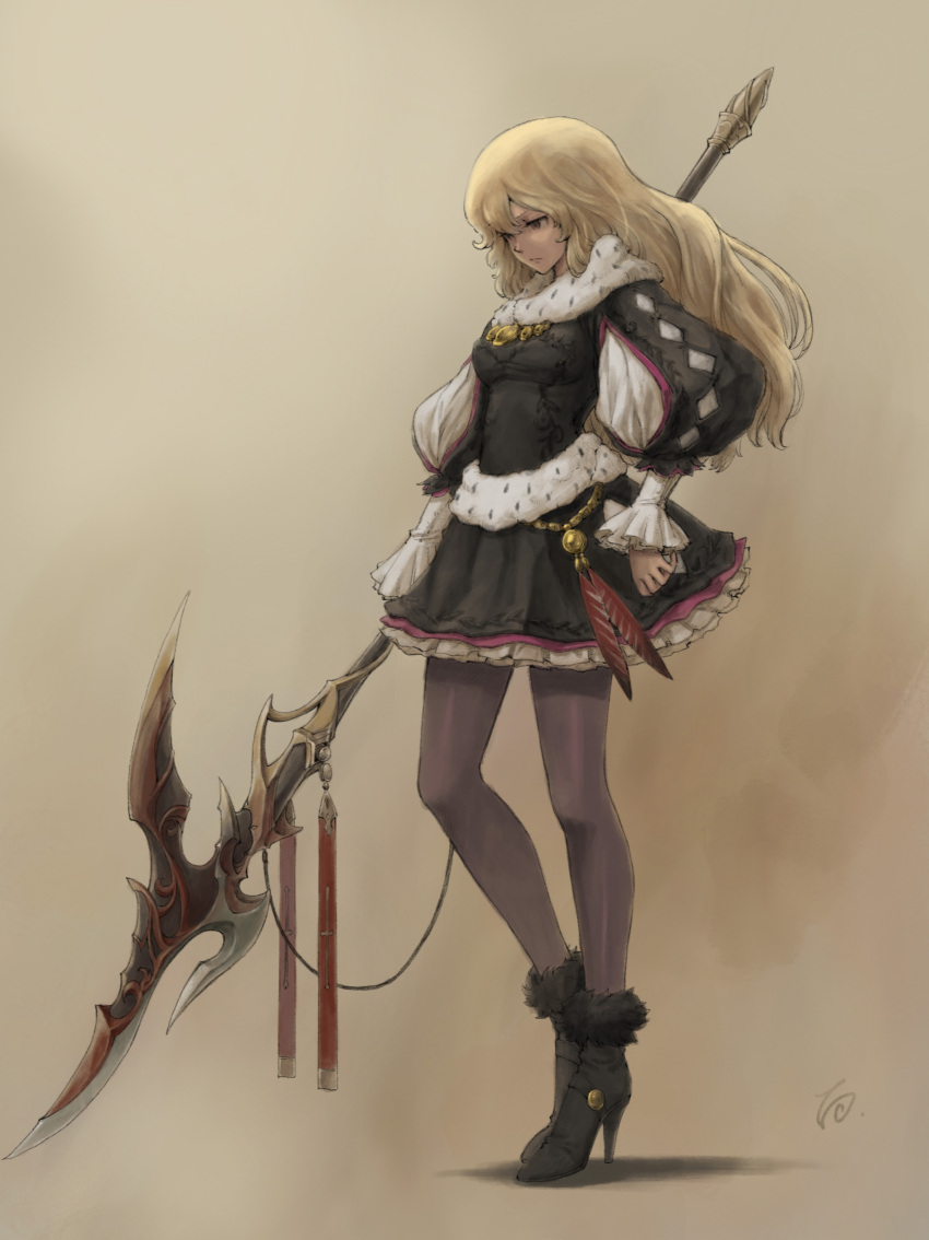 1girl, absurdres, black_boots, black_legwear, black_shirt, black_skirt, blonde_hair, boots
