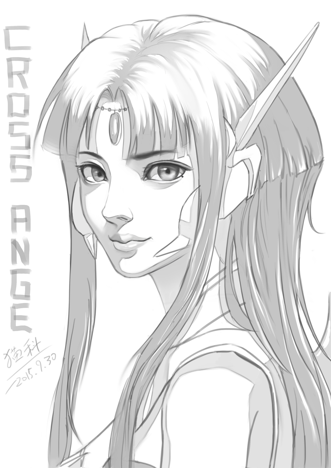 1girl, close-up, commentary_request, cross_ange, eyebrows, eyebrows_visible_through_hair, forehead_jewel, greyscale
