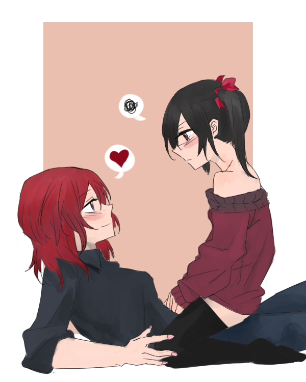 2girls, annoyed, bare_shoulders, black_hair, black_legwear, blush, eye_contact, girl_on_top