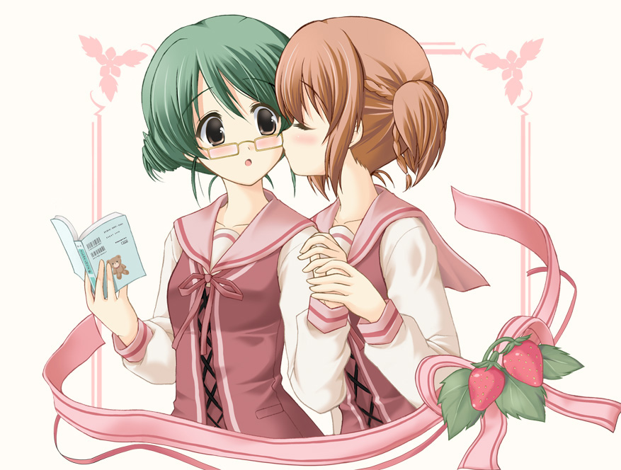 blush, book, brown_eyes, brown_hair, chisato_(missing_park), closed_eyes, drill_hair, food