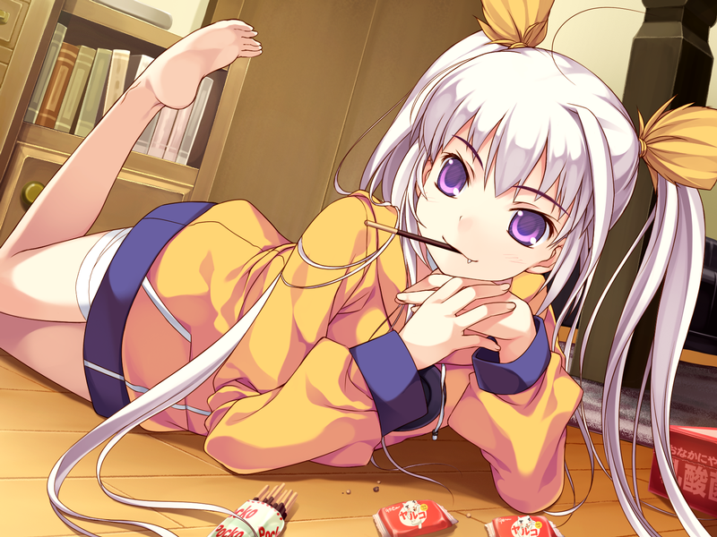 barefoot, fang, feet, game_cg, hands, leg_up, lying, on_stomach