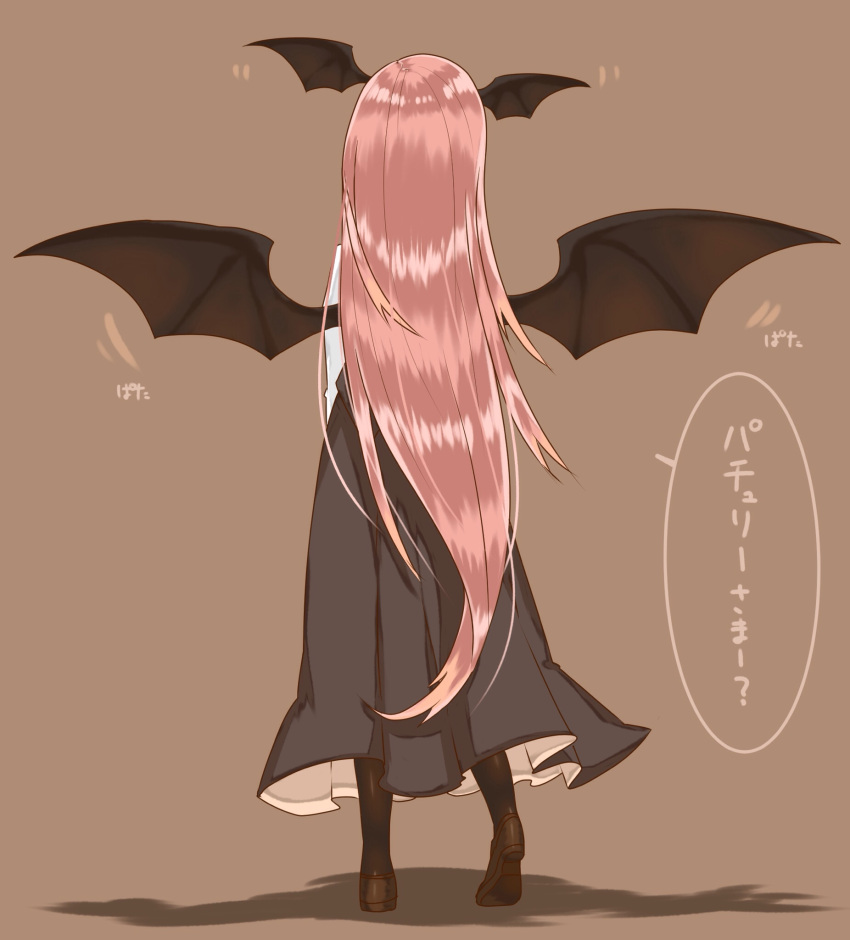 1girl, bat_wings, black_legwear, brown_background, dress, egret, from_behind, head_wings