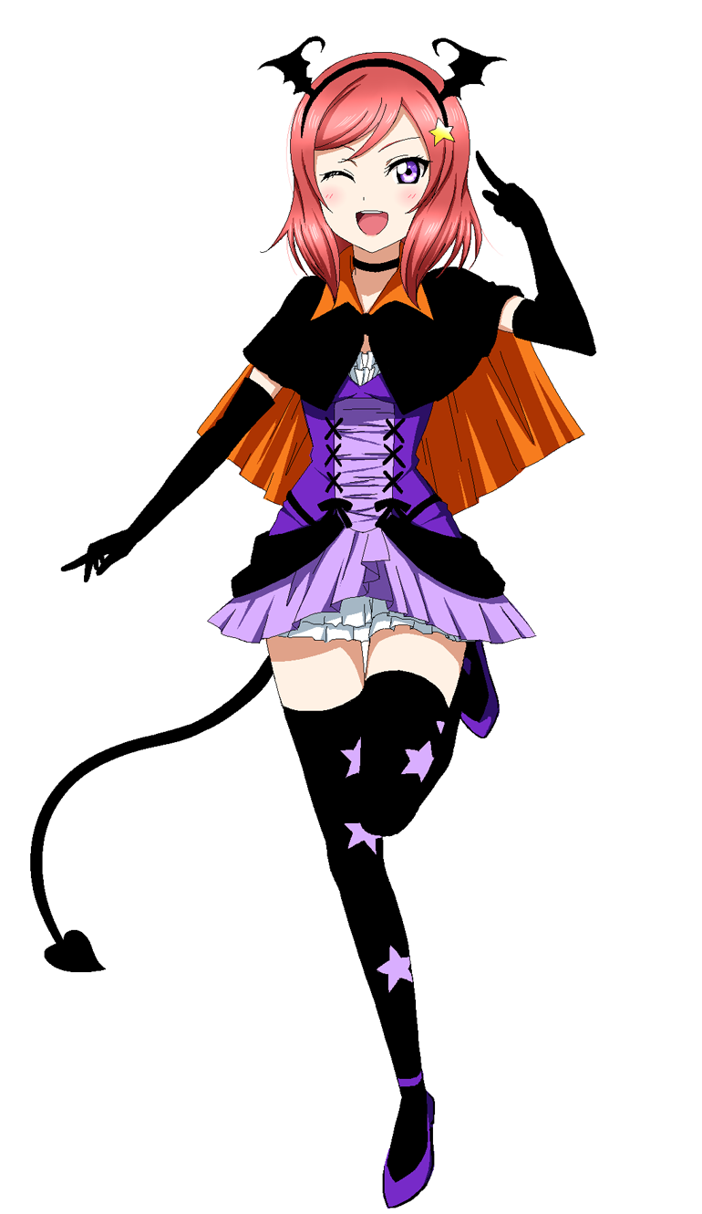 1girl, bat_wings, blush, dancing_stars_on_me!, demon_tail, dress, elbow_gloves, gloves