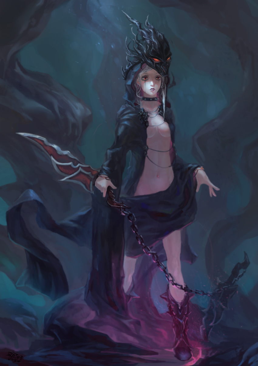 1girl, absurdres, boots, breasts, collar, highres, hood, hoodie