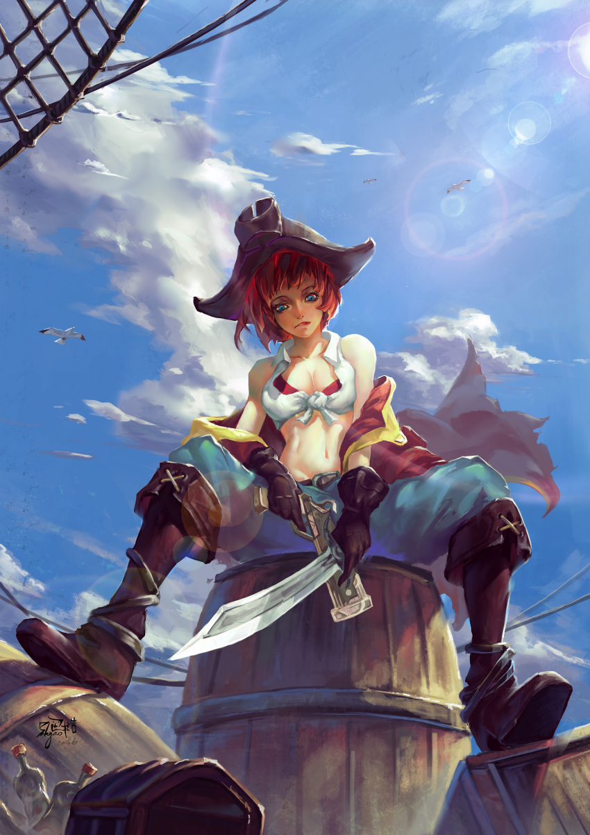 1girl, absurdres, bare_shoulders, barrel, bird, blue_eyes, bra, breasts