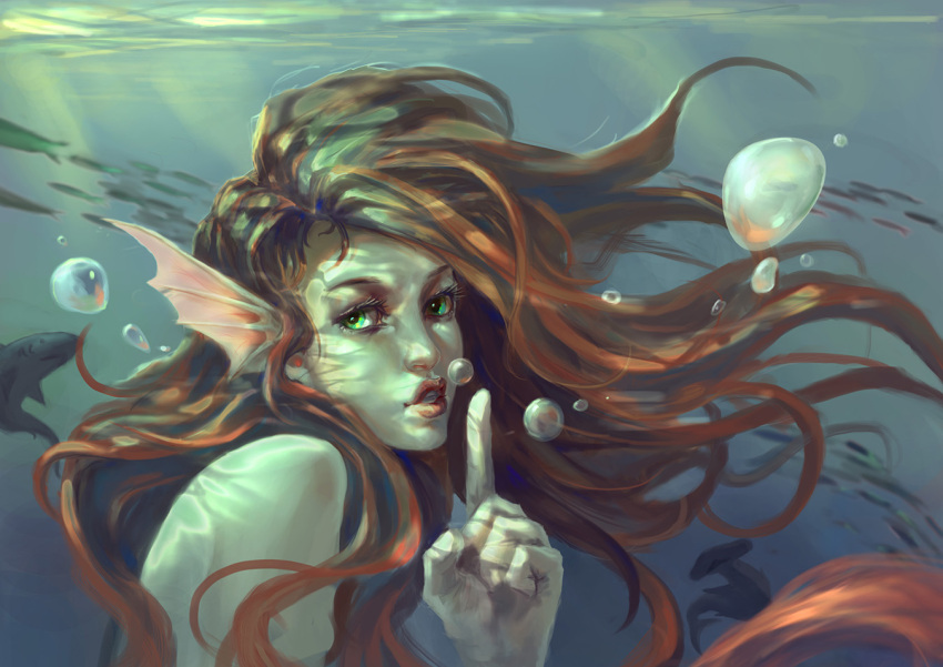 1girl, bubble, finger_to_mouth, green_eyes, hammerhead_shark, hung_wan_yu, lips, looking_at_viewer
