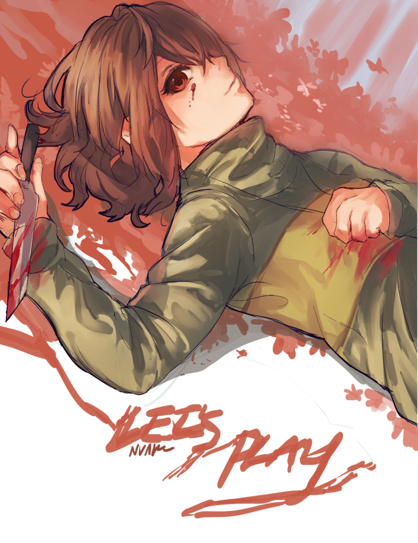 androgynous, blood, blood_on_face, bloody_clothes, bloody_knife, bloody_weapon, brown_hair, chara_(undertale), english, flower_(symbol), from_side, highres, knife, lying, nvalee, red_eyes, shirt, signature, solo, spoilers, striped, striped_shirt, undertale, upper_body, weapon