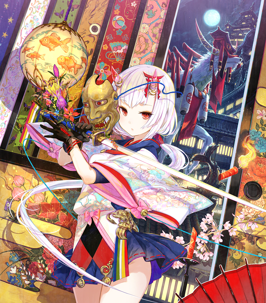 1girl, ball, black_gloves, castle, cherry_blossoms, cowboy_shot, face_mask, floral_print, fuji_choko, full_moon, gloves, horns, japanese_clothes, katana, long_hair, looking_at_viewer, low_ponytail, mask, md5_mismatch, moon, oni, oni_horns, original, red_eyes, shirt, silver_hair, skirt, solo, statue, sword, thighs, twig, very_long_hair, weapon