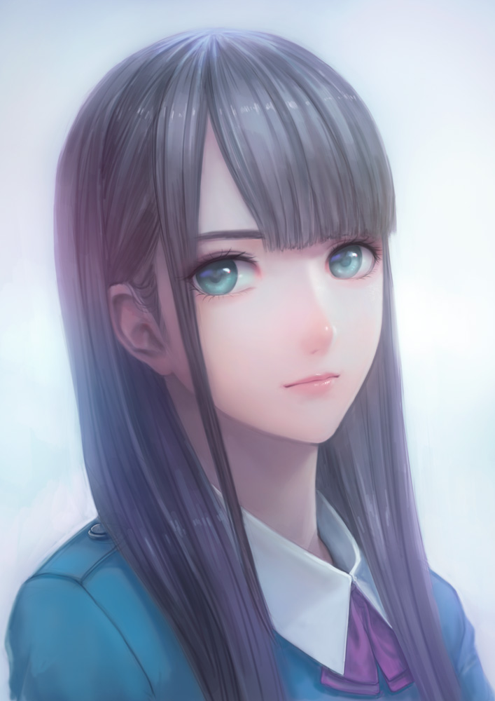 1girl, aqua_eyes, bangs, black_hair, blunt_bangs, closed_mouth, collared_shirt, eyelashes, gradient, keyakizaka46, long_hair, looking_at_viewer, mizuho_habu, portrait, real_life, realistic, ribbon, shirt, solo, uniform, zhenlin