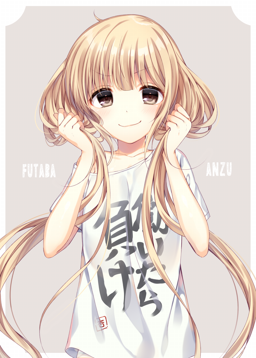 1girl, blonde_hair, brown_eyes, bunching_hair, character_name, clothes_writing, futaba_anzu, highres