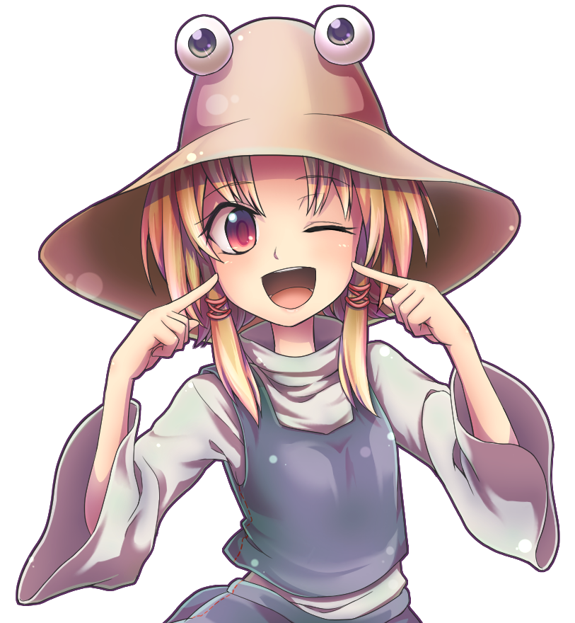 1girl, blonde_hair, commentary_request, hair_ribbon, hat, kusiyan, long_sleeves, looking_at_viewer, moriya_suwako, one_eye_closed, open_mouth, red_eyes, red_ribbon, ribbon, simple_background, skirt, skirt_set, smile, solo, tongue, touhou, tress_ribbon, upper_body, vest, white_background, wide_sleeves