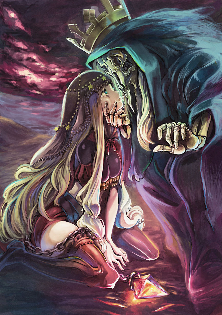 1boy, 1girl, beard, blonde_hair, crown, facial_hair, grandfather_and_granddaughter, highres