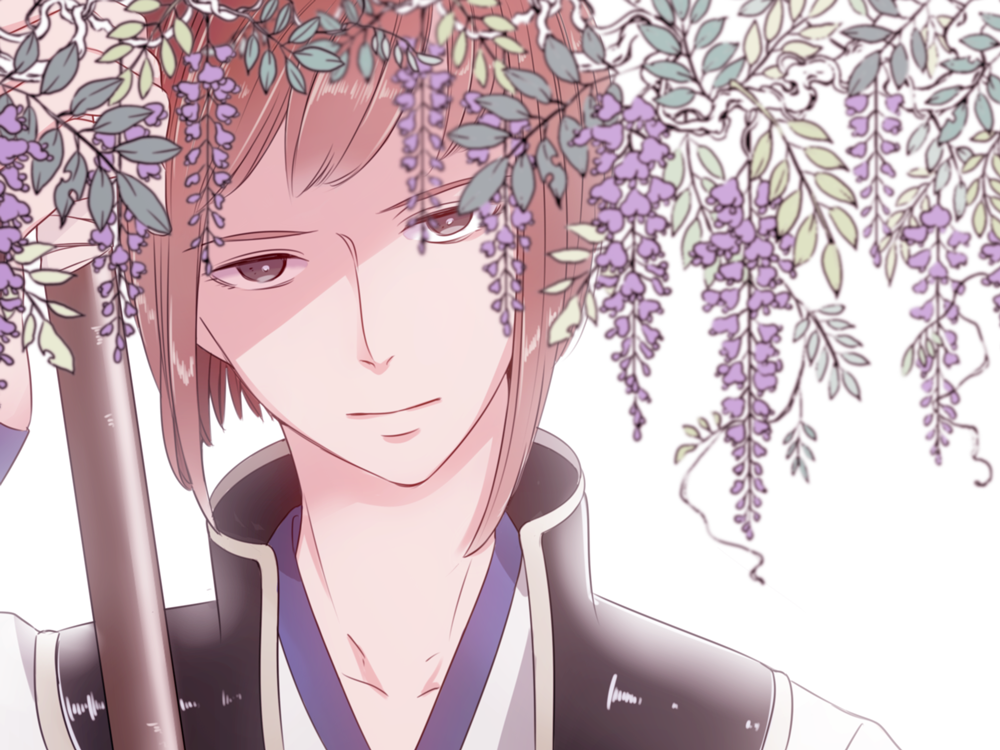 1boy, _asaiii, bangs, bokken, brown_eyes, brown_hair, fire_emblem, fire_emblem_if, flower, hisame_(fire_emblem_if), leaf, male_focus, portrait, simple_background, solo, sword, weapon, white_background, wisteria, wooden_sword