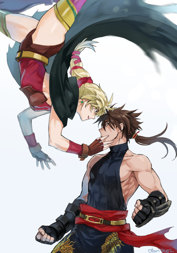 1boy, 1girl, blonde_hair, brown_hair, cannon_dancer, cape, eye_contact, fingerless_gloves