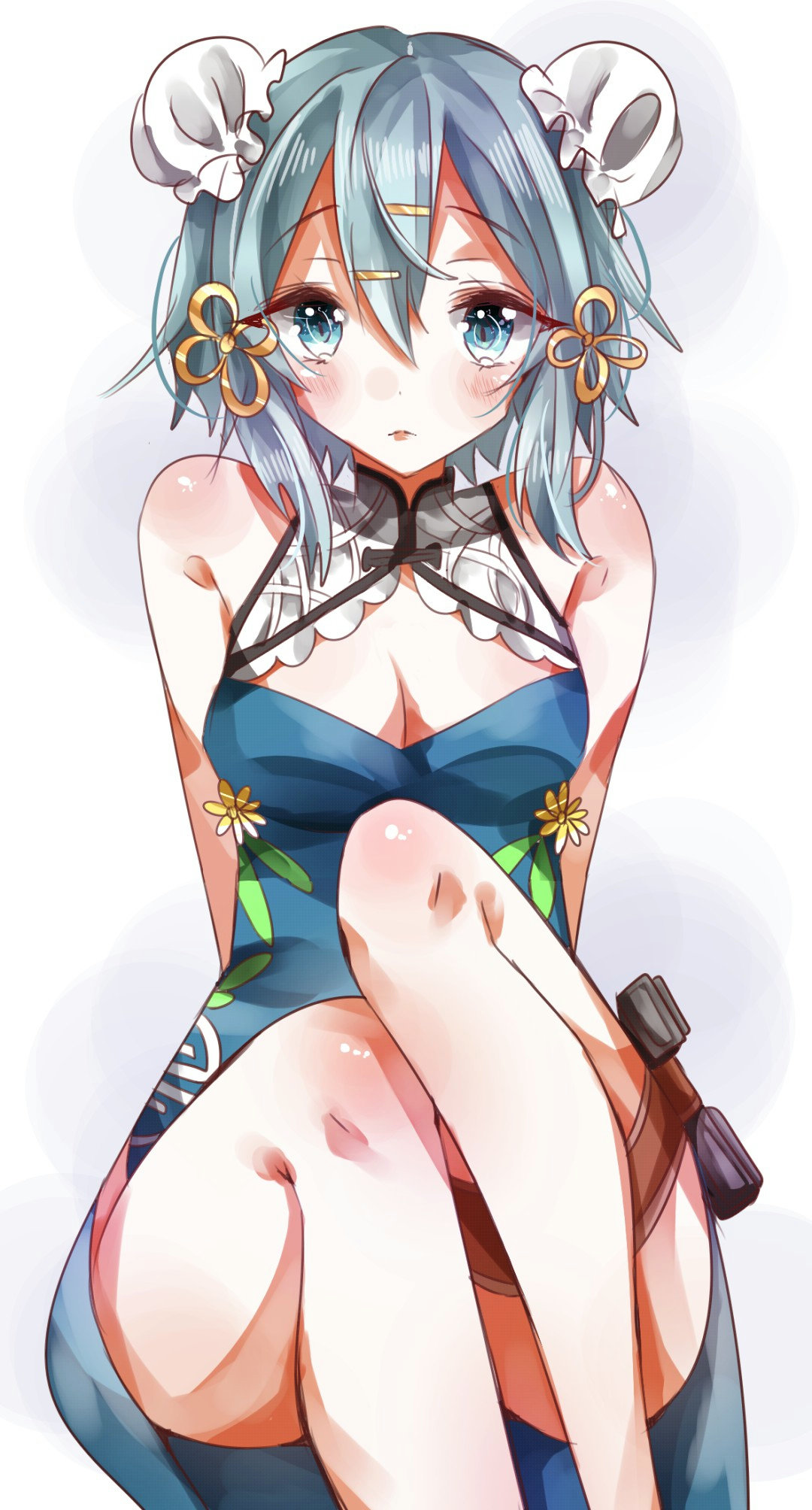 1girl, blue_eyes, blue_hair, bun_cover, chima_(fusigiko), china_dress, chinese_clothes, cleavage_cutout, double_bun, dress, highres, shinon_(sao), short_hair, sitting, solo, sword_art_online