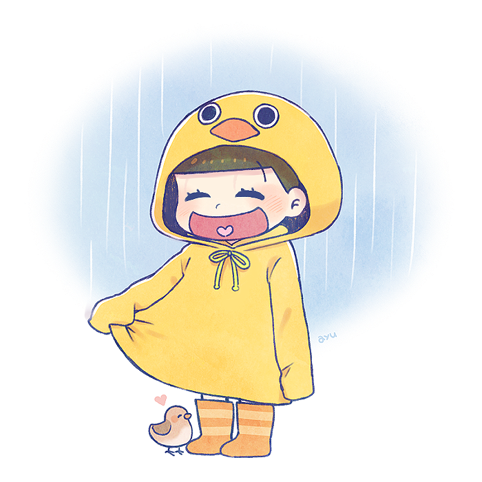 1boy, :d, ^_^, animal_hood, ayu_(mog), bird, boots, brown_hair, closed_eyes, duck_hood, heart, heart_in_mouth, hood, male_focus, matsuno_juushimatsu, open_mouth, osomatsu-kun, osomatsu-san, rain, raincoat, smile
