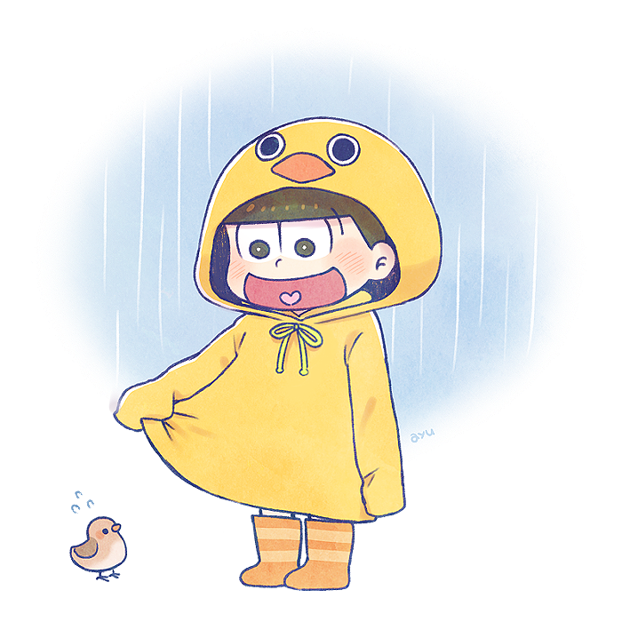 1boy, :d, animal_hood, ayu_(mog), bird, boots, brown_eyes, brown_hair, duck_hood, flying_sweatdrops, heart, heart_in_mouth, hood, male_focus, matsuno_juushimatsu, open_mouth, osomatsu-kun, osomatsu-san, rain, raincoat, smile