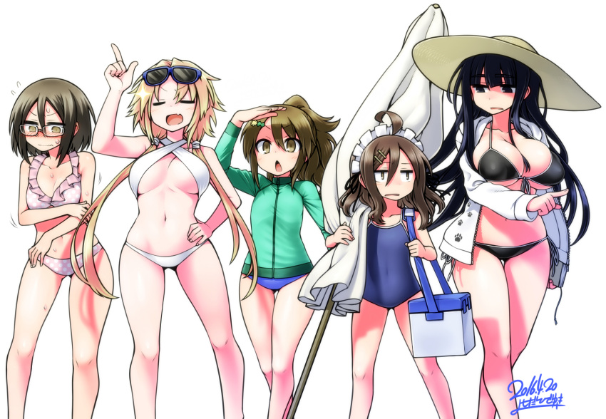5girls, arm_up, beach_umbrella, bikini, black_bikini, black_eyes, black_hair, blonde_hair