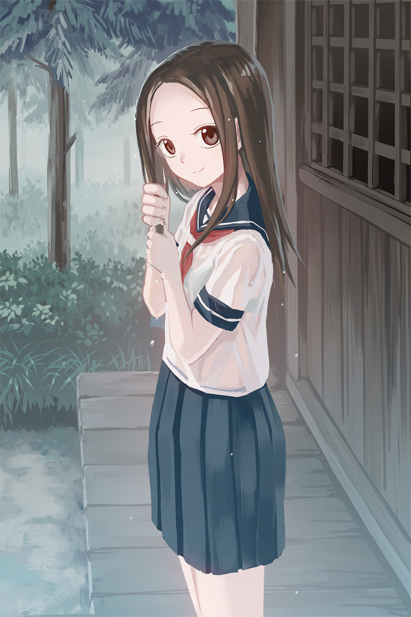 1girl, brown_eyes, brown_hair, highres, karakai_jouzu_no_takagi-san, long_hair, looking_at_viewer, pleated_skirt