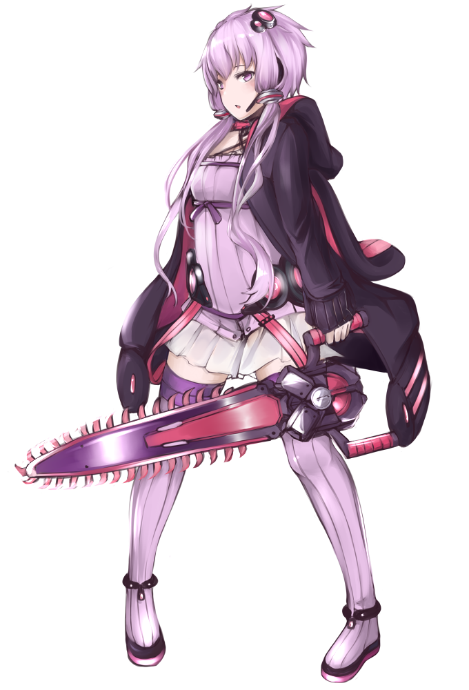 1girl, animal_hood, bunny_hood, chainsaw, dress, full_body, hair_ornament, headset, holding, hood, hood_down, hoodie, leglus, long_hair, looking_to_the_side, purple_dress, purple_hair, purple_legwear, ribbed_legwear, solo, strapless, strapless_dress, thigh-highs, tube_dress, twintails, violet_eyes, vocaloid, voiceroid, white_background, yuzuki_yukari