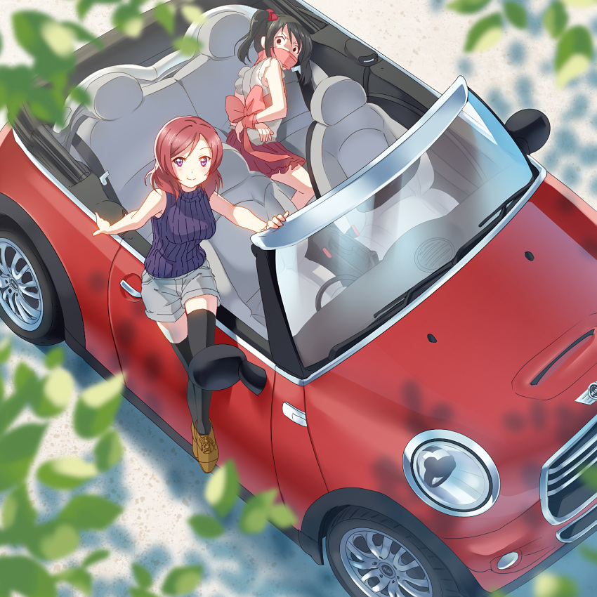 2girls, bare_shoulders, black_eyes, black_hair, car, convertible, from_above, gagged