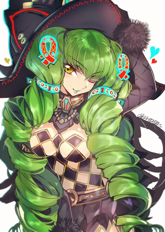 1girl, ;), aqua_lipstick, breasts, c.c., code_geass, cosplay, covered_navel, creayus, drill_hair, fiore_burnelli, fiore_burnelli_(cosplay), green_hair, hat, heart, lipstick, long_hair, looking_at_viewer, makeup, one_eye_closed, simple_background, smile, solo, star_ocean, star_ocean_integrity_and_faithlessness, twin_drills, twitter_username, white_background, yellow_eyes