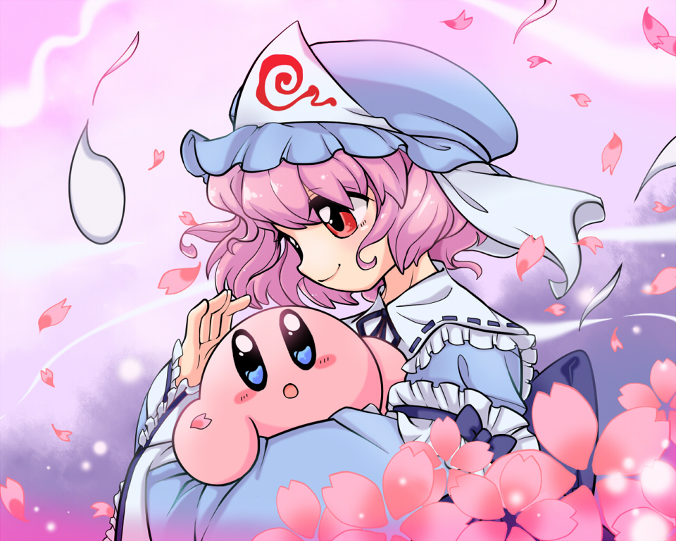 1girl, 1other, atto_maru, blue_eyes, blush_stickers, cherry_blossoms, crossover, cute, eye_contact, hal_laboratory_inc., hat, hitodama, hoshi_no_kirby, human, kirby, kirby_(series), long_sleeves, looking_at_another, mob_cap, nintendo, open_mouth, parted_lips, petals, pink_hair, pink_puff_ball, profile, red_eyes, ribbon, saigyouji_yuyuko, short_hair, smile, team_shanghai_alice, touhou, trait_connection, triangular_headpiece, upper_body, veil, wide_sleeves
