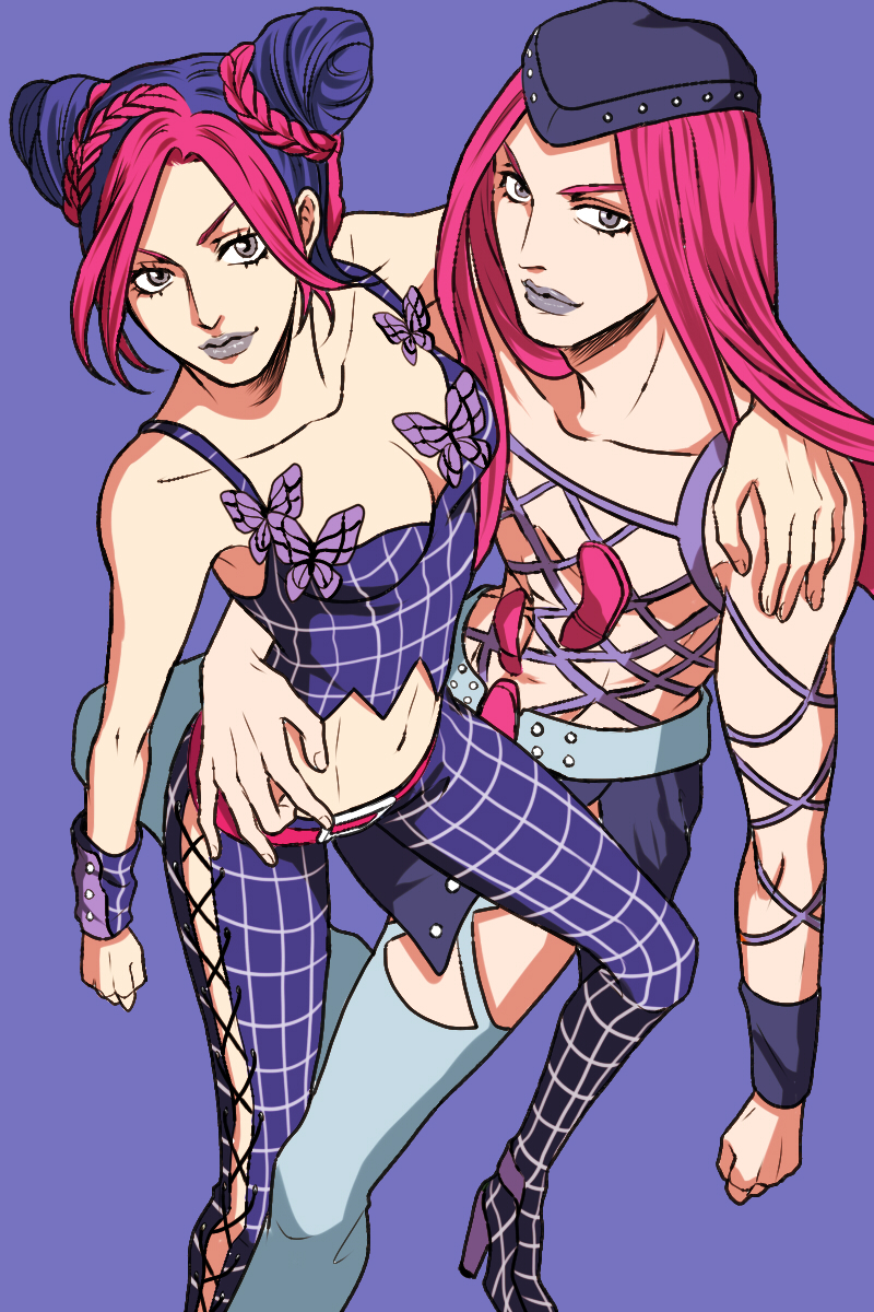 1boy, 1girl, arm_around_neck, arm_around_waist, braid, breasts, butterfly, cleavage