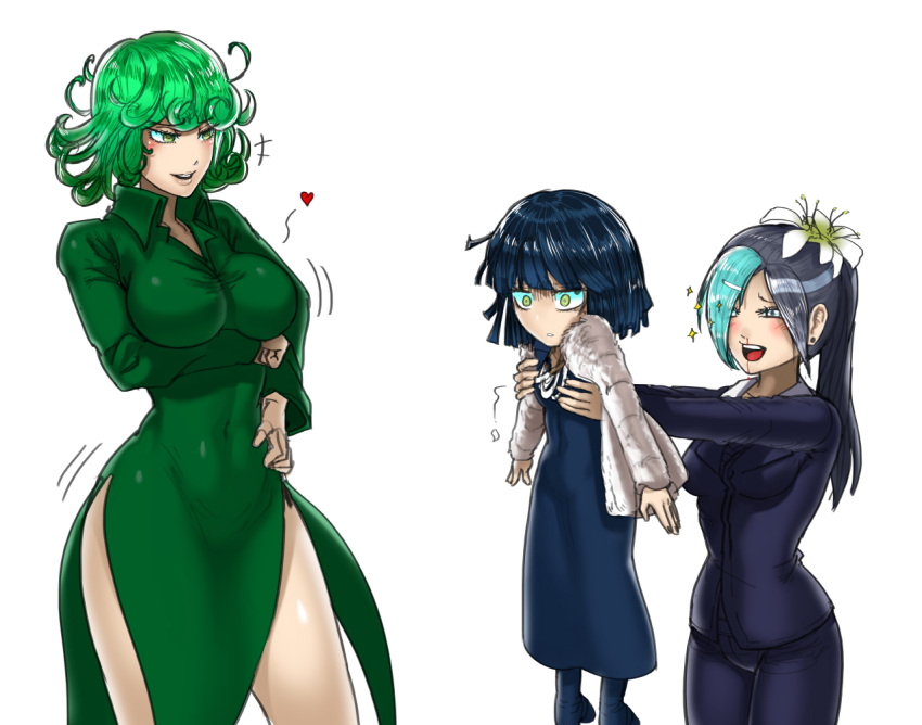 3girls, aqua_hair, black_dress, black_hair, blood, blue_eyes, breast_hold, breast_size_switch