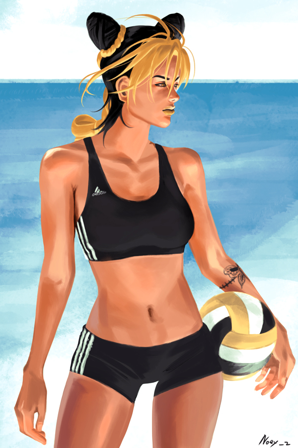 1girl, artist_name, bike_shorts, black_hair, blonde_hair, braid, collarbone, cowboy_shot