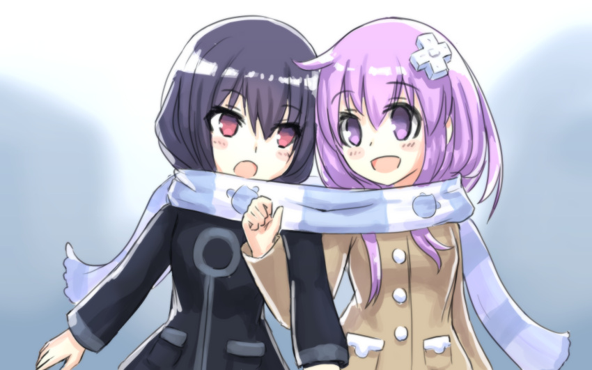 2girls, :d, alternate_costume, alternate_hairstyle, black_hair, blush, coat, d-pad, dogoo, hair_down, hair_ornament, hexun6, highres, long_hair, multiple_girls, nepgear, neptune_(series), open_mouth, purple_hair, red_eyes, scarf, shared_scarf, smile, uni_(choujigen_game_neptune), violet_eyes