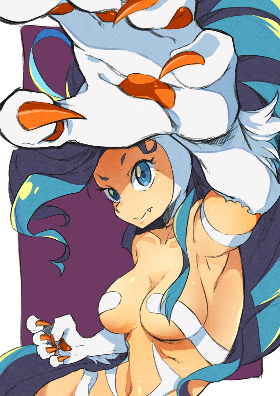 1girl, big_hair, blue_eyes, blue_hair, breasts, capcom, claws, cleavage