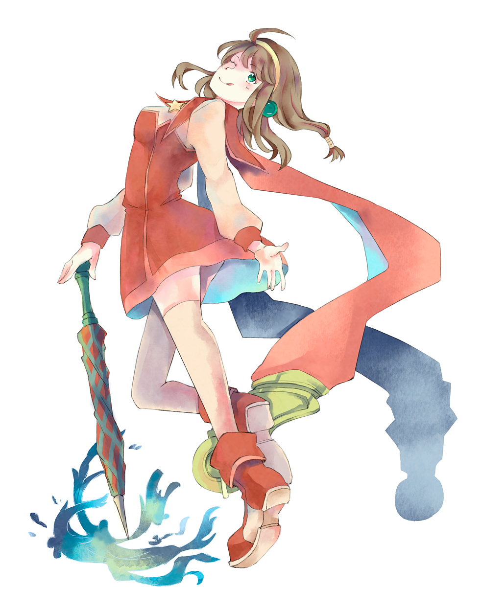 1girl, ahoge, brown_hair, cape, coat, dress, gloves, green_eyes