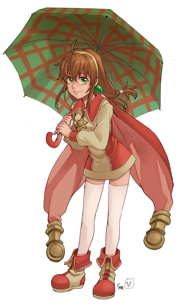 1girl, ahoge, brown_hair, cape, coat, dress, gloves, green_eyes