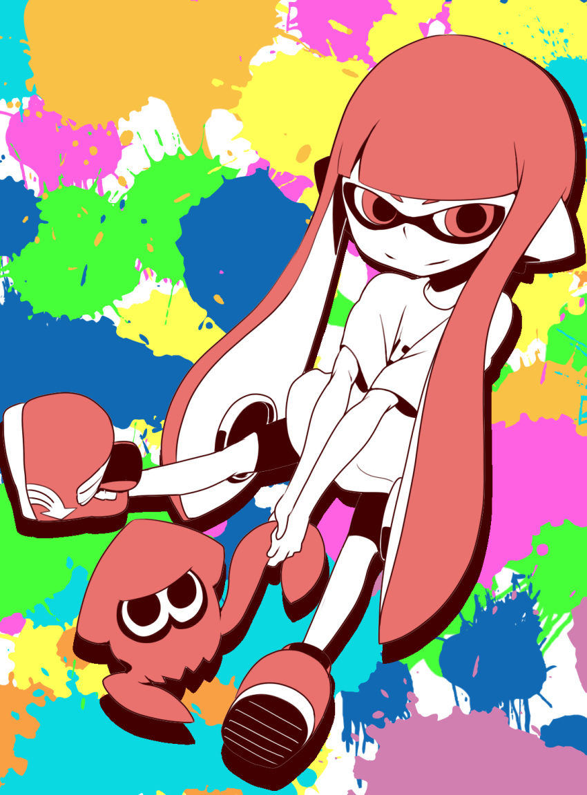 1girl, bike_shorts, buki56, domino_mask, highres, inkling, limited_palette, long_hair