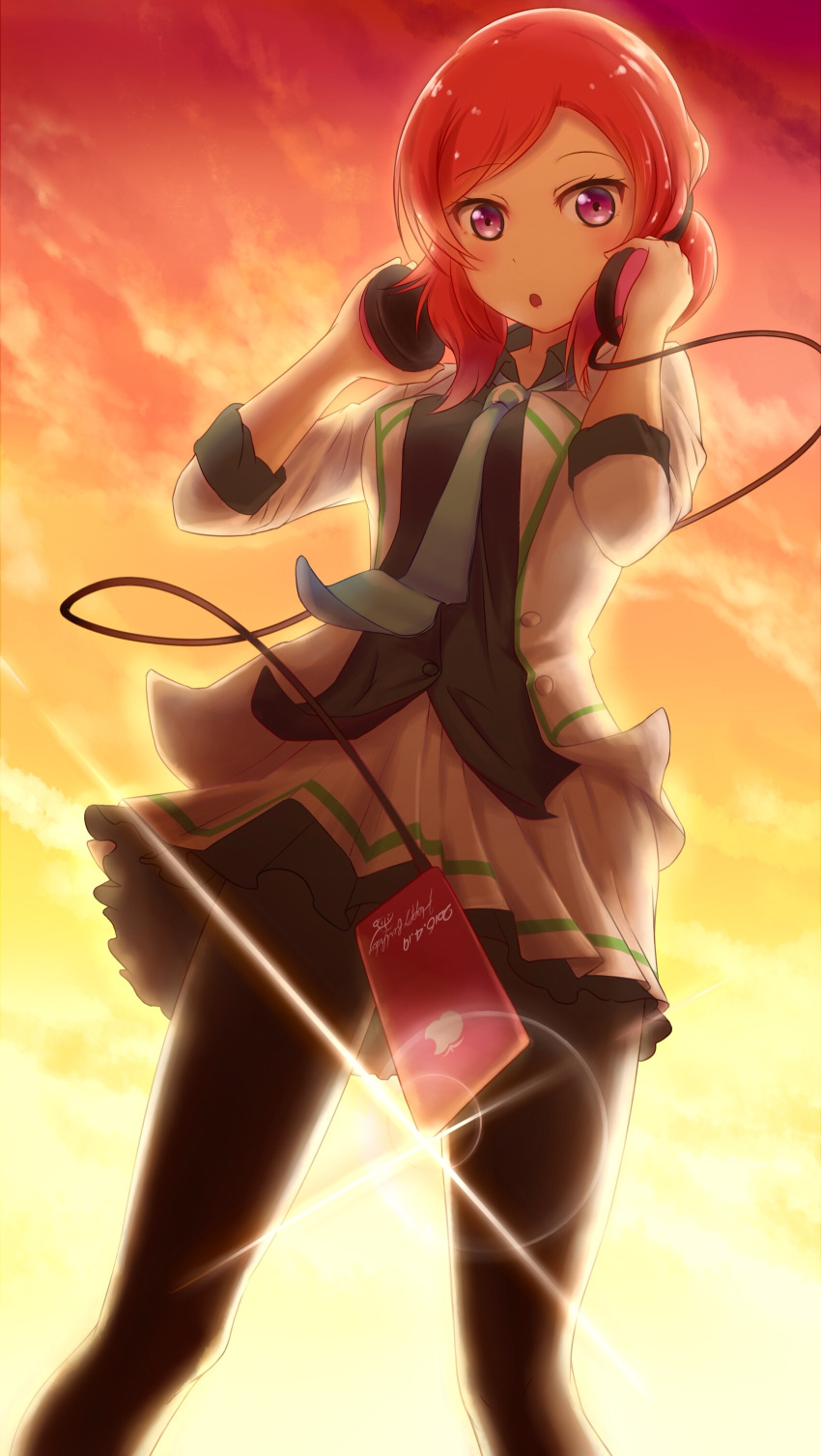 1girl, absurdres, amano_loto, backlighting, black_legwear, cosplay, dated, digital_media_player, hand_on_headphones, happy_birthday, headphones, headphones_around_neck, highres, ipod, lens_flare, looking_at_viewer, love_live!_school_idol_project, minase_koito, minase_koito_(cosplay), musaigen_no_phantom_world, necktie, nishikino_maki, open_mouth, pantyhose, redhead, solo, sunset, violet_eyes
