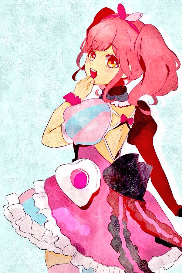 1girl, back_cutout, blue_background, blush, bow, dress, frilled_dress, frills, hairband, idol_clothes, macross, macross_delta, makina_nakajima, obaranka417, open_mouth, pink_bow, pink_dress, pink_hair, puffy_short_sleeves, puffy_sleeves, short_sleeves, smile, solo, twintails, yellow_eyes