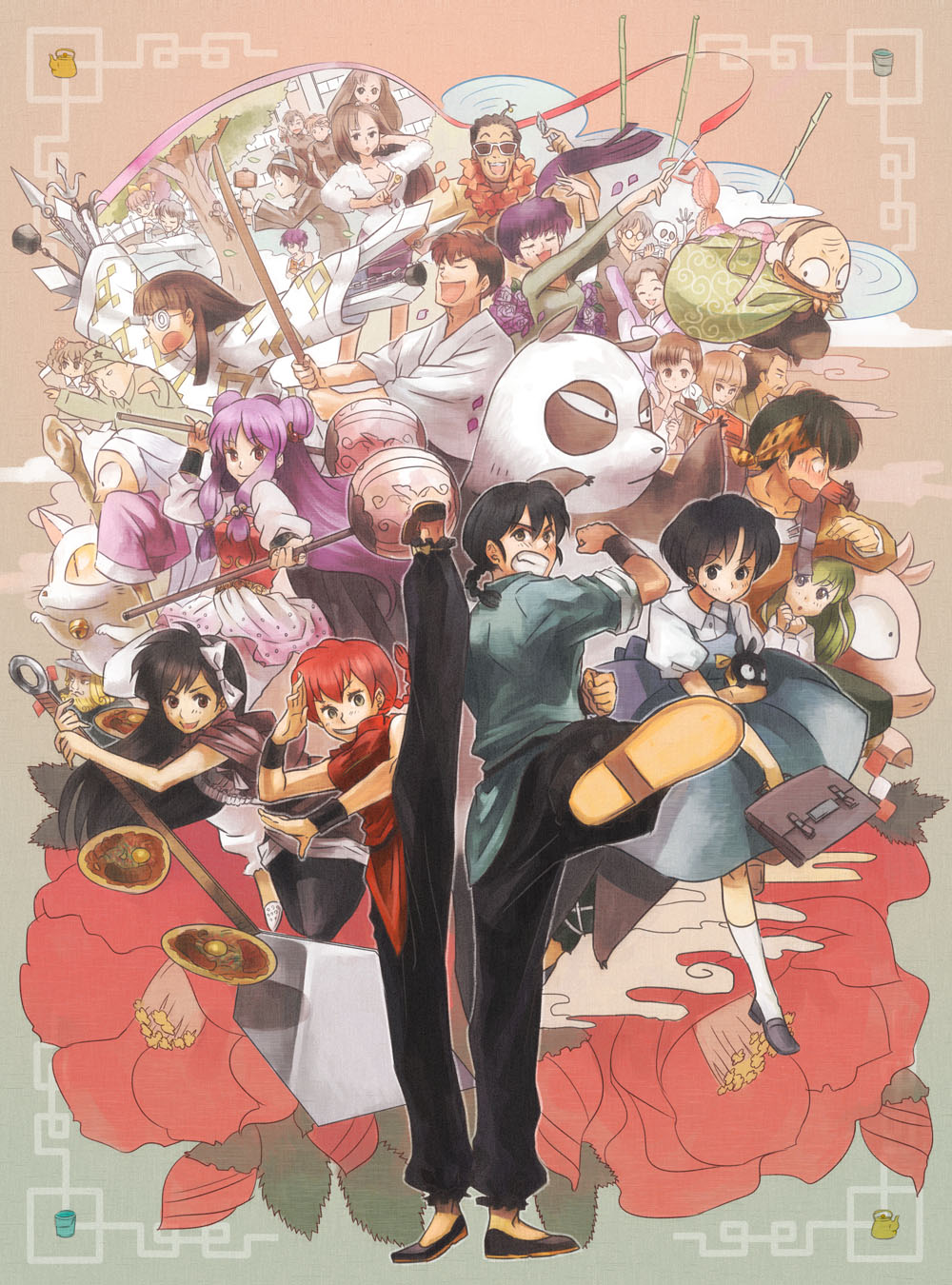 bamboo, black_eyes, black_hair, brown_eyes, cat, chinese_clothes, cloud, cologne_(ranma_1/2)