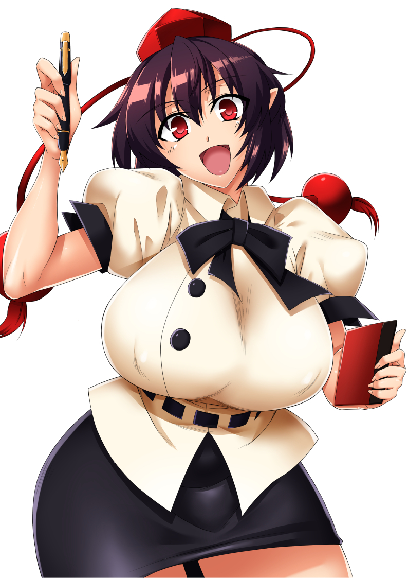 1girl, :d, belt, black_bow, black_bowtie, black_hair, black_skirt, bnc_(bunshi)