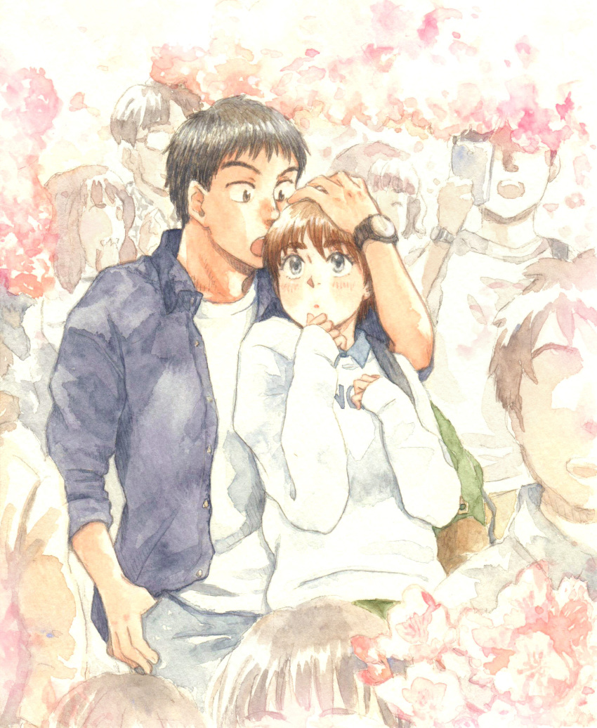 black_hair, brown_hair, cherry_blossoms, couple, hetero, highres, izumi_noa, kidou_keisatsu_patlabor