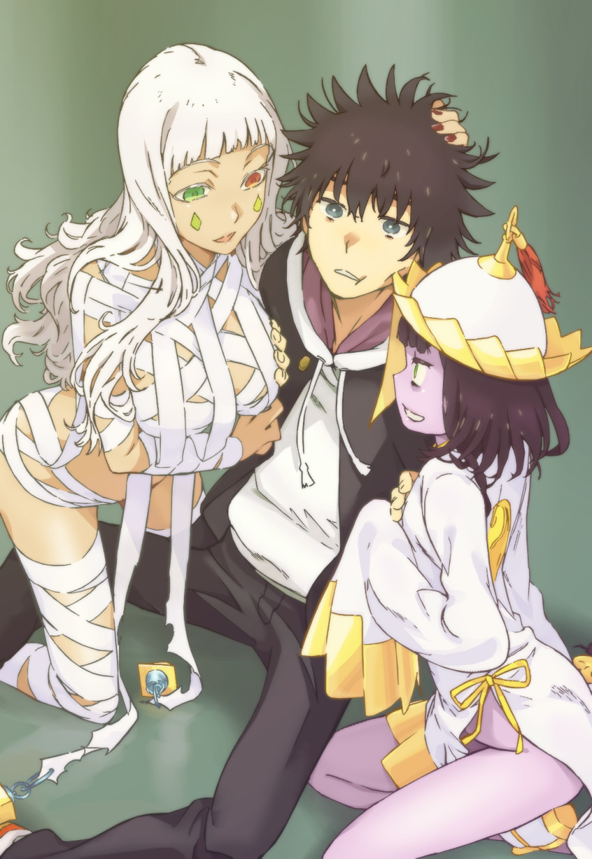 1boy, 2girls, bandages, black_hair, black_pants, blank_stare, blue_eyes, breast_grab, breasts, chinese_clothes, dark_skin, flat_chest, flat_chest_grab, gakuran, grabbing, green_eyes, guided_breast_grab, haimura_kiyotaka, hand_on_another's_chest, hand_on_another's_head, hat, heterochromia, highres, hood, hoodie, jiangshi, kamijou_touma, kneeling, large_breasts, long_hair, long_sleeves, multiple_girls, nail_polish, naked_bandage, nephtys, niang-niang, no_panties, ofuda, pants, purple_skin, red_eyes, red_nails, school_uniform, short_hair, spiky_hair, to_aru_majutsu_no_index, to_aru_majutsu_no_index:_new_testament, white_hair, wide_sleeves, yin_yang