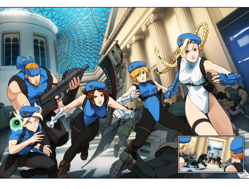 2boys, 3girls, abel_(street_fighter), alternate_color, backpack, bag, beret, black_legwear, blonde_hair, boots, braid, breasts, brown_hair, cammy_white, combat_boots, facial_hair, fingerless_gloves, george_ginzu, gloves, goatee, gun, hat, headband, juli, juni, leotard, multiple_boys, multiple_girls, muscle, official_art, omar_dogan, orange_hair, pantyhose, player_2, rifle, running, street_fighter, street_fighter_v, twin_braids, udon_entertainment, weapon
