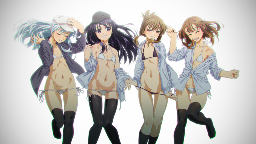 4girls, akatsuki_(kantai_collection), bikini, bikini_pull, black_hair, blue_hair, boko_(maniacpurple), brown_hair