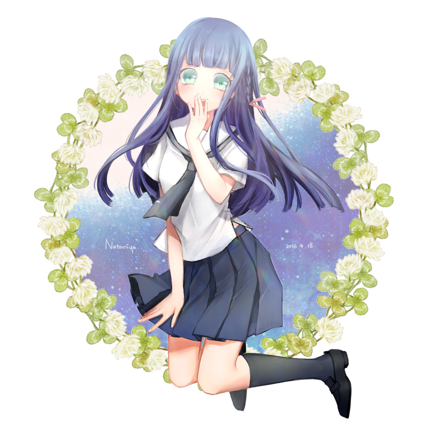 1girl, 2016, aqua_eyes, artist_name, bangs, black_legwear, blue_skirt, blunt_bangs, clover, clover_(flower), covering_mouth, dated, flower, full_body, highres, kneehighs, long_hair, looking_at_viewer, natariya, original, pleated_skirt, purple_hair, school_uniform, serafuku, short_sleeves, skirt, solo, surprised