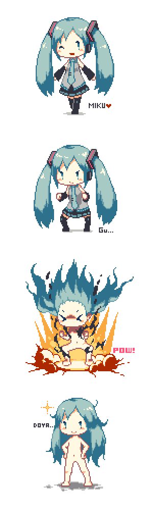 >_<, 1girl, 4koma, ;), aqua_eyes, aqua_hair, black_legwear, blush_stickers, boots, closed_eyes, comic, detached_sleeves, doyagao, exploding_clothes, groin, hatsune_miku, headphones, long_hair, looking_at_viewer, navel, necktie, no_nipples, no_pussy, nude, one_eye_closed, open_mouth, pixel_art, sakamoto_ahiru, skirt, sleeveless, smile, smug, solo, sparkle, tearing_clothes, thigh-highs, thigh_boots, torn_clothes, twintails, very_long_hair, vocaloid