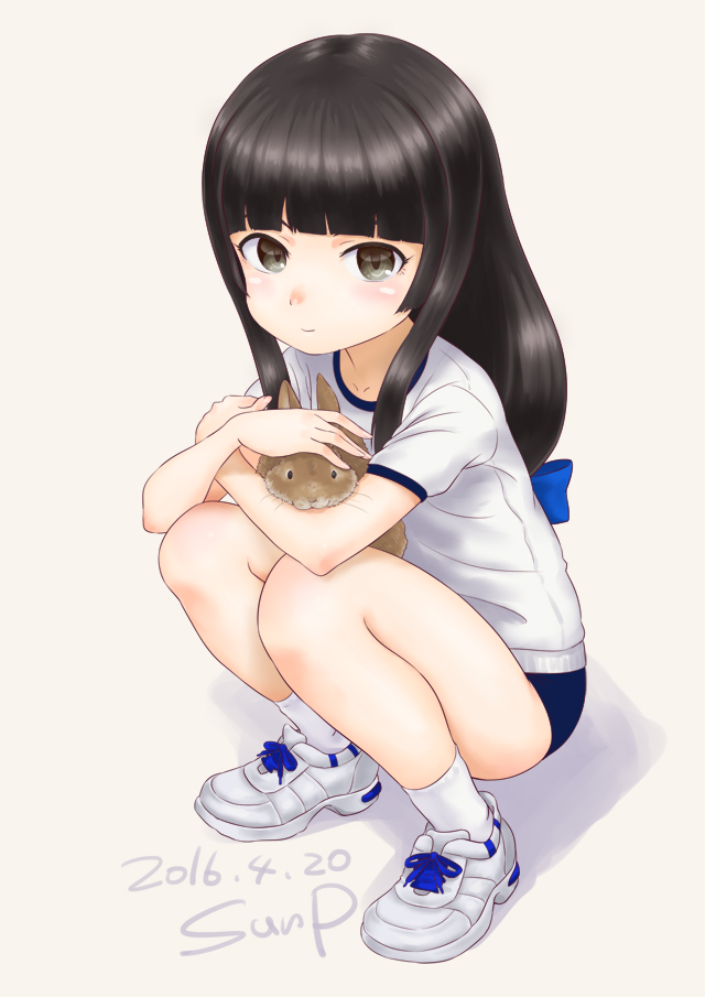1girl, 2016, animal, artist_name, bangs, black_hair, blue_bow, blunt_bangs