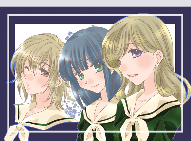 3girls, bangs, black_hair, blonde_hair, blue_hair, blunt_bangs, bob_cut, frame