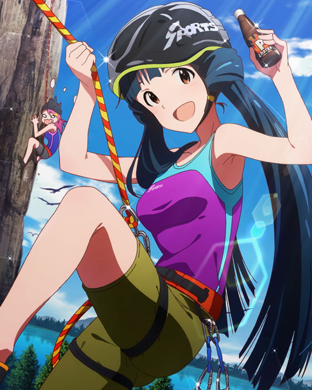 2girls, :d, artist_request, blue_hair, brown_eyes, cliff, helmet, idolmaster
