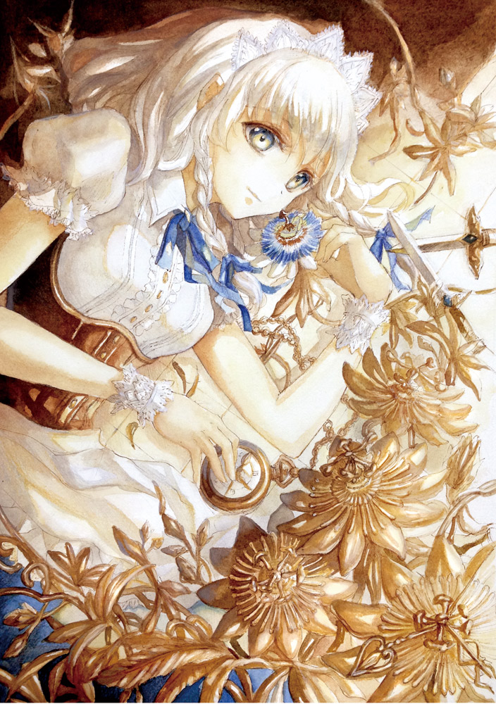 1girl, acrylic_paint_(medium), adapted_costume, apron, bangs, blue_eyes, blue_ribbon, braid, closed_mouth, eyebrows, eyebrows_visible_through_hair, flower, frills, hair_ribbon, izayoi_sakuya, keiko_(mitakarawa), knife, looking_at_viewer, lying, maid, maid_headdress, neck_ribbon, on_floor, on_side, paint_(medium), passion_flower, petals, pocket_watch, puffy_short_sleeves, puffy_sleeves, ribbon, short_sleeves, side_braid, smile, solo, tile_floor, tiles, touhou, traditional_media, twin_braids, underbust, waist_apron, watch, white_flower, white_hair, withered, wrist_cuffs