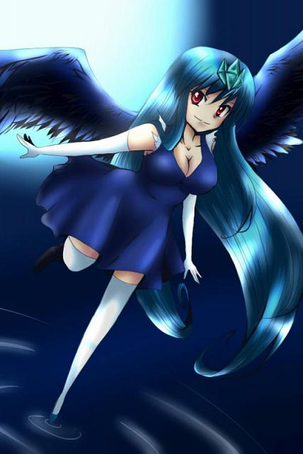 articuno, blue_hair, moemon, personification, pokemon, red_eyes, satoxpika, wings